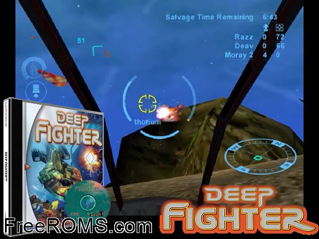 Deep Fighter v1.002 (Disc 1 of 2) Sega Dreamcast game showing 3D box cover and gameplay screenshot