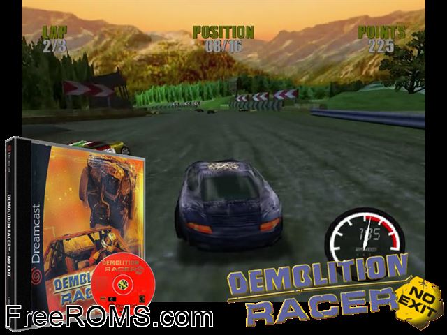 Demolition Racer - No Exit v1.002 Sega Dreamcast game showing 3D box cover and gameplay screenshot
