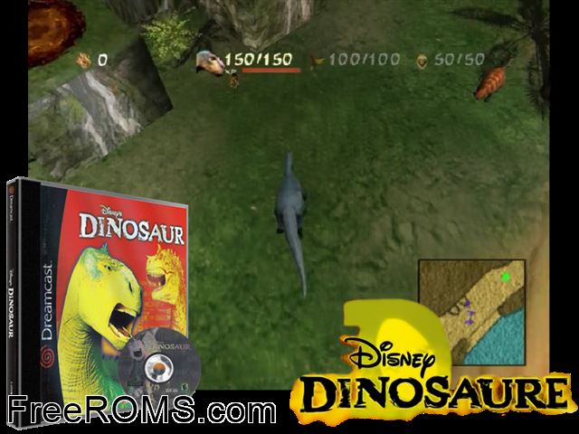 Dinosaur v1.002 (M5) Sega Dreamcast game showing 3D box cover and gameplay screenshot