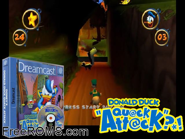 Donald Duck - Quack Attack v1.002 (M5) Sega Dreamcast game showing 3D box cover and gameplay screenshot