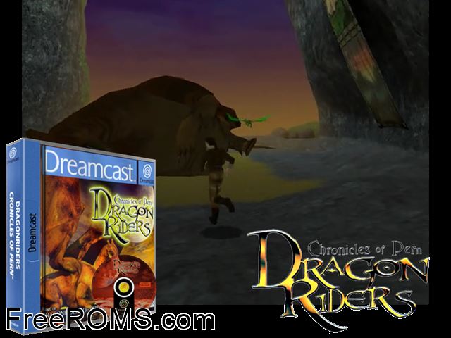 Dragonriders - Chronicles of Pern v1.001 (M3) Sega Dreamcast game showing 3D box cover and gameplay screenshot