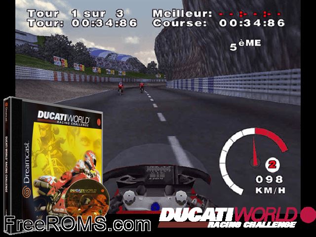 Ducati World v1.001 (M4) Sega Dreamcast game showing 3D box cover and gameplay screenshot
