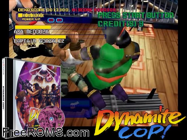 Dynamite Cop! v1.005 Sega Dreamcast game showing 3D box cover and gameplay screenshot