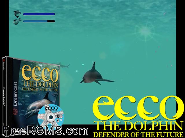 ECCO the Dolphin - Defender of the Future v1.000 (M4) Sega Dreamcast game showing 3D box cover and gameplay screenshot