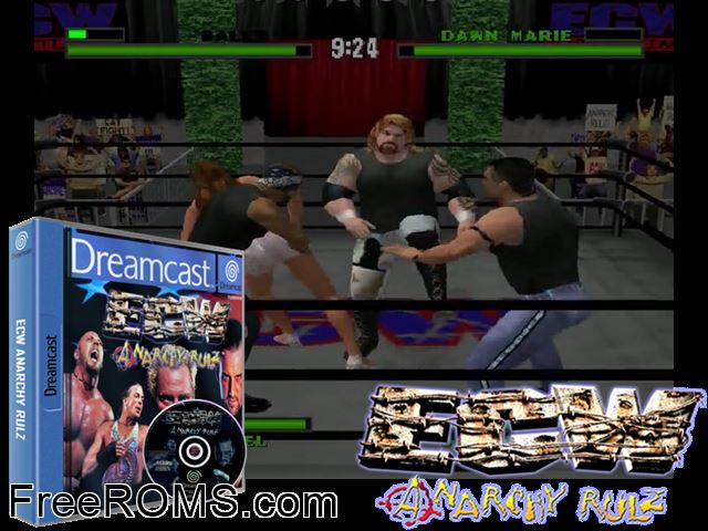 ECW Anarchy Rulz v1.003 Sega Dreamcast game showing 3D box cover and gameplay screenshot