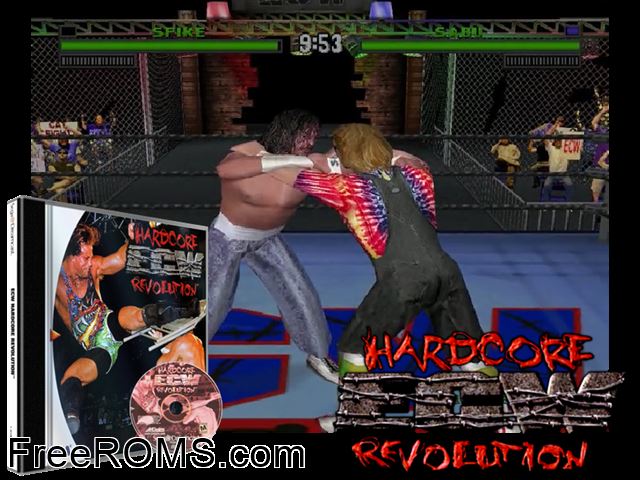 ECW Hardcore Revolution v1.001 Sega Dreamcast game showing 3D box cover and gameplay screenshot