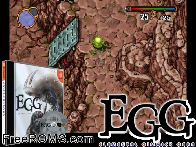 Elemental Gimmick Gear v1.000 (JP) Sega Dreamcast game showing 3D box cover and gameplay screenshot