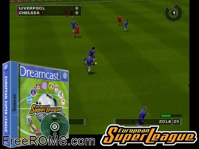 European Super League v1.002 (M6) Sega Dreamcast game showing 3D box cover and gameplay screenshot