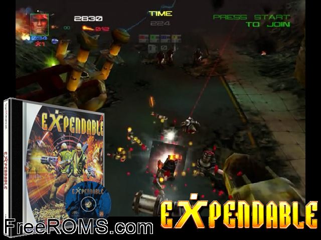 Expendable v1.000 (M5) Sega Dreamcast game showing 3D box cover and gameplay screenshot