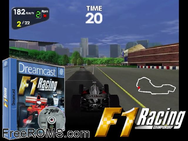 F1 Racing Championship v1.001 (M5) Sega Dreamcast game showing 3D box cover and gameplay screenshot