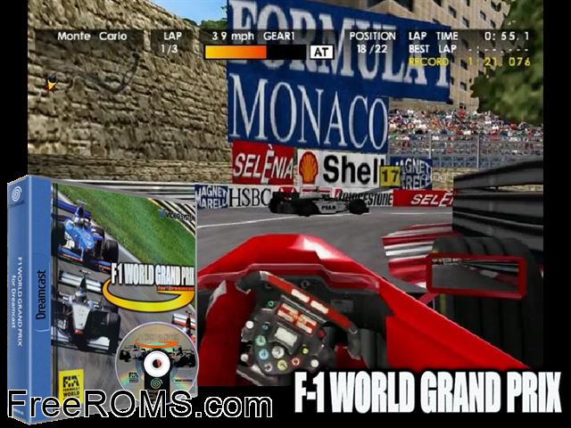 F1 World Grand Prix for Dreamcast v1.000 (M4) Sega Dreamcast game showing 3D box cover and gameplay screenshot