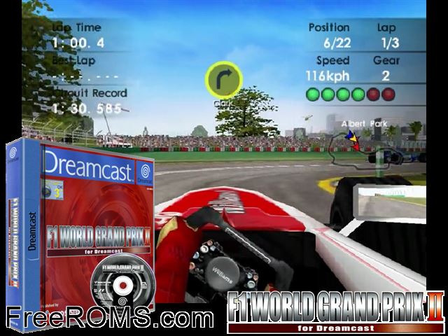 F1 World Grand Prix II for Dreamcast v2.008 (M5) Sega Dreamcast game showing 3D box cover and gameplay screenshot