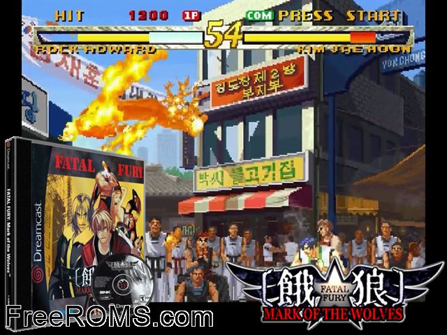 Fatal Fury - Mark of the Wolves v0.800 Sega Dreamcast game showing 3D box cover and gameplay screenshot