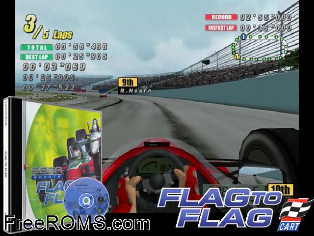 Flag to Flag v1.000 Sega Dreamcast game showing 3D box cover and gameplay screenshot