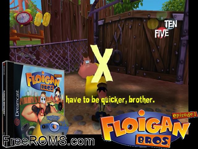 Floigan Bros. - Episode 1 v1.001 Sega Dreamcast game showing 3D box cover and gameplay screenshot