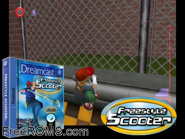 Freestyle Scooter v1.000 Sega Dreamcast game showing 3D box cover and gameplay screenshot
