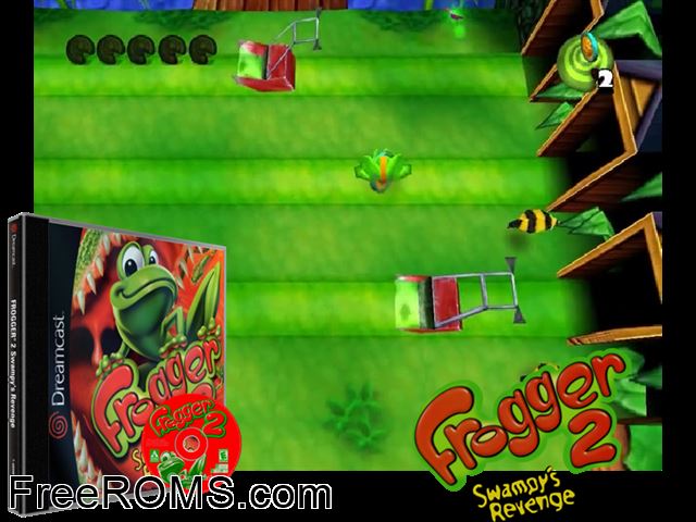 Frogger 2 - Swampys Revenge v1.001 Sega Dreamcast game showing 3D box cover and gameplay screenshot