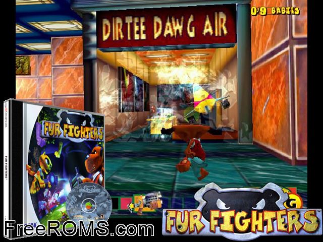 Fur Fighters v2.001 (M4) Sega Dreamcast game showing 3D box cover and gameplay screenshot