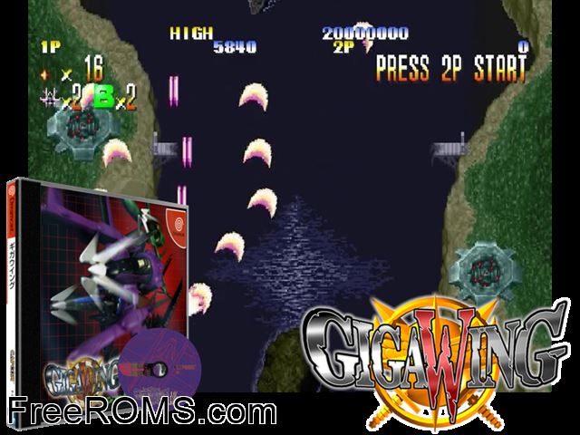 GigaWing v1.001 (JP) Sega Dreamcast game showing 3D box cover and gameplay screenshot