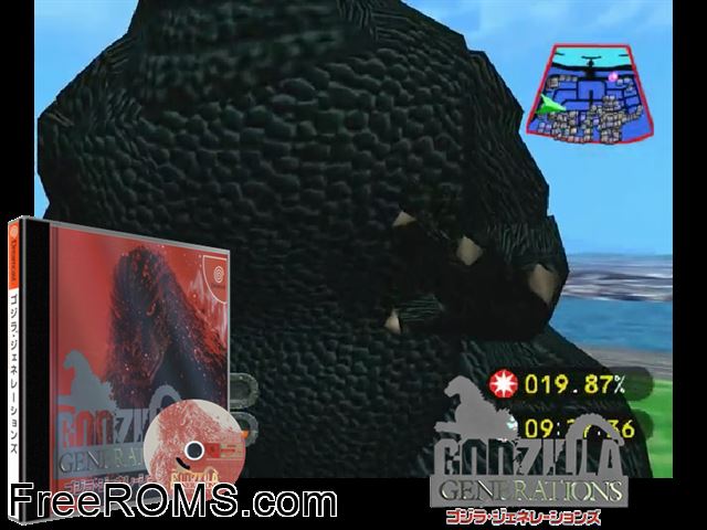 Godzilla Generations v1.001 (JP) Sega Dreamcast game showing 3D box cover and gameplay screenshot