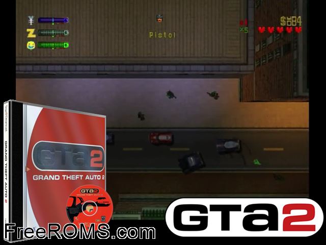 Grand Theft Auto 2 v1.002 Sega Dreamcast game showing 3D box cover and gameplay screenshot