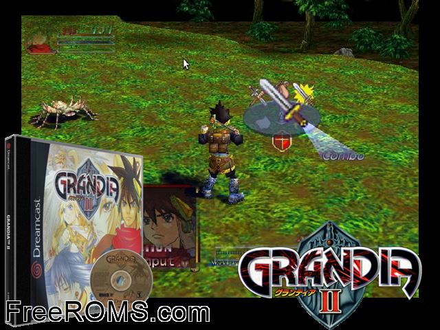 Grandia II v1.001 Sega Dreamcast game showing 3D box cover and gameplay screenshot