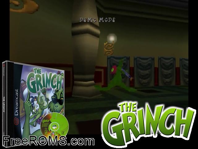 Grinch, The v1.001 Sega Dreamcast game showing 3D box cover and gameplay screenshot