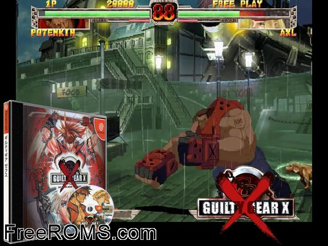 Guilty Gear X v2.000 (JP) Sega Dreamcast game showing 3D box cover and gameplay screenshot