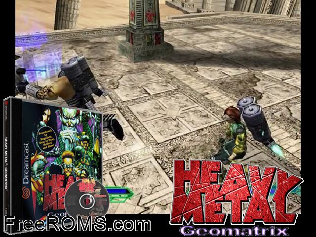Heavy Metal - Geomatrix v1.001 Sega Dreamcast game showing 3D box cover and gameplay screenshot