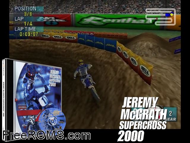 Jeremy McGrath Supercross 2000 v1.001 Sega Dreamcast game showing 3D box cover and gameplay screenshot