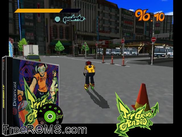 Jet Grind Radio v1.005 Sega Dreamcast game showing 3D box cover and gameplay screenshot