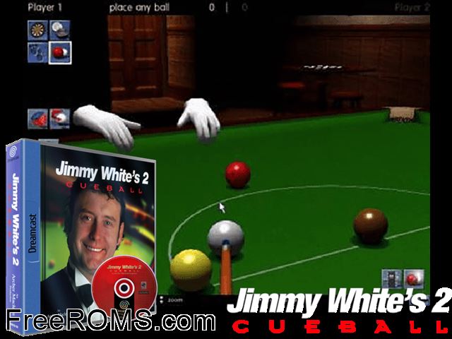 Jimmy Whites 2 - Cueball v1.100 Sega Dreamcast game showing 3D box cover and gameplay screenshot