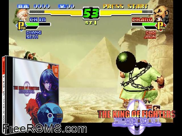 King of Fighters 2000, The v1.003 (JP) Sega Dreamcast game showing 3D box cover and gameplay screenshot