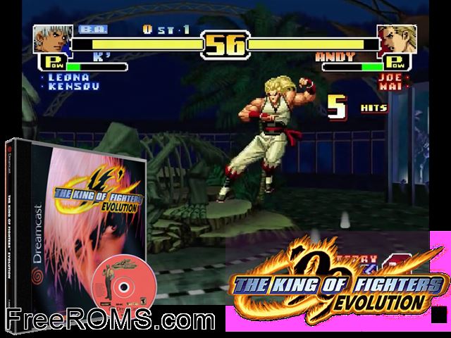 King of Fighters Evolution, The v1.000 (M4) Sega Dreamcast game showing 3D box cover and gameplay screenshot