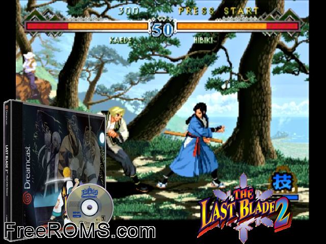 Last Blade 2, The - Heart of the Samurai v1.002 Sega Dreamcast game showing 3D box cover and gameplay screenshot
