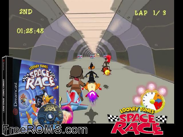 Looney Tunes Space Race v1.000 (M3) Sega Dreamcast game showing 3D box cover and gameplay screenshot