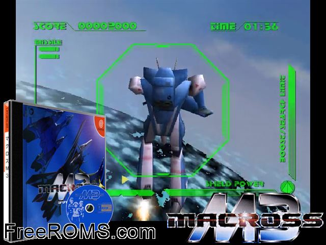 Macross M3 v1.002 (JP) Sega Dreamcast game showing 3D box cover and gameplay screenshot