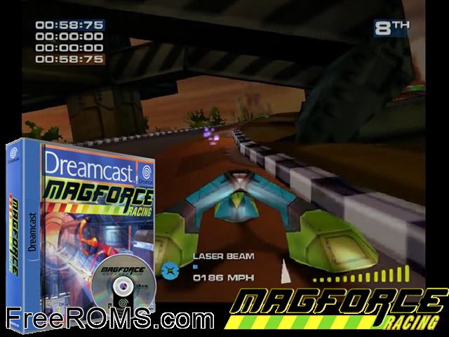 Magforce Racing v1.002 (M5) Sega Dreamcast game showing 3D box cover and gameplay screenshot