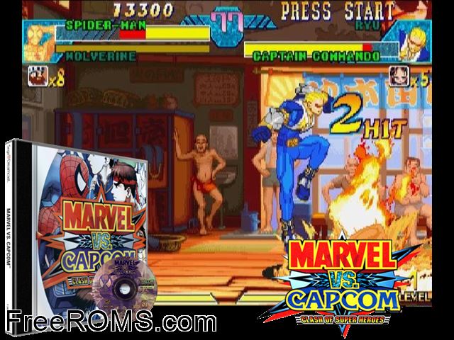 Marvel vs. Capcom - Clash of Super Heroes v1.000 Sega Dreamcast game showing 3D box cover and gameplay screenshot