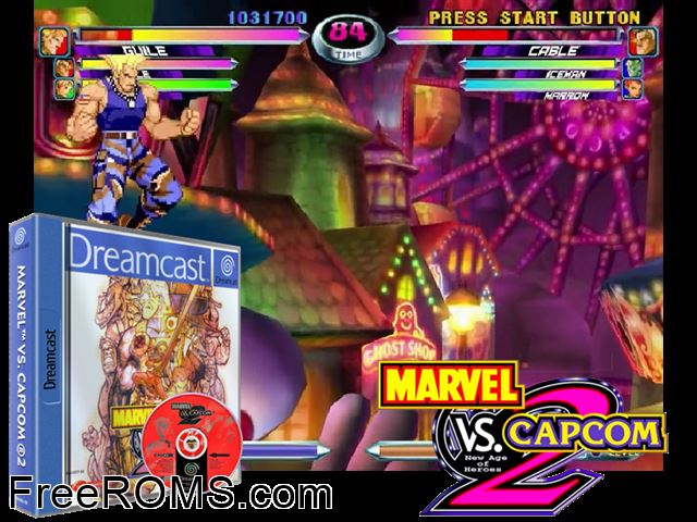 Marvel vs. Capcom 2 - New Age of Heroes v1.000 Sega Dreamcast game showing 3D box cover and gameplay screenshot