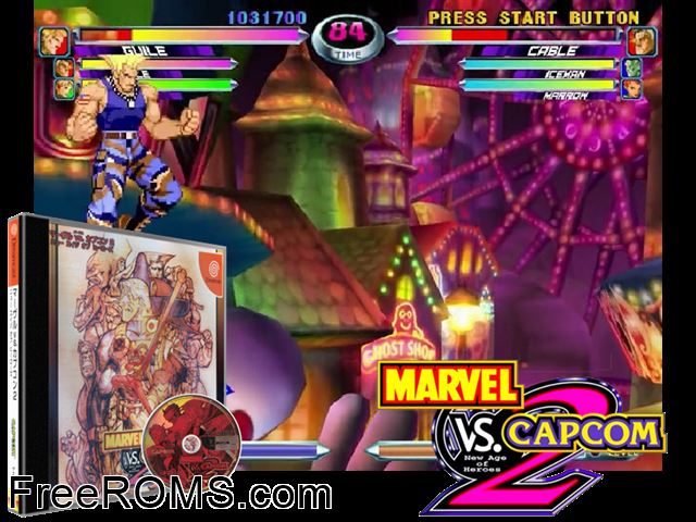 Marvel vs. Capcom 2 - New Age of Heroes v2.000 (JP) Sega Dreamcast game showing 3D box cover and gameplay screenshot