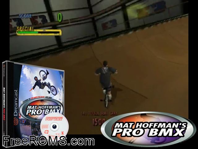 Mat Hoffmans Pro BMX v1.000 Sega Dreamcast game showing 3D box cover and gameplay screenshot