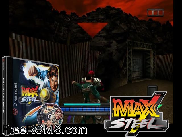 Max Steel - Covert Missions v1.060 Sega Dreamcast game showing 3D box cover and gameplay screenshot