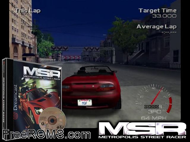 Metropolis Street Racer v1.010 Sega Dreamcast game showing 3D box cover and gameplay screenshot