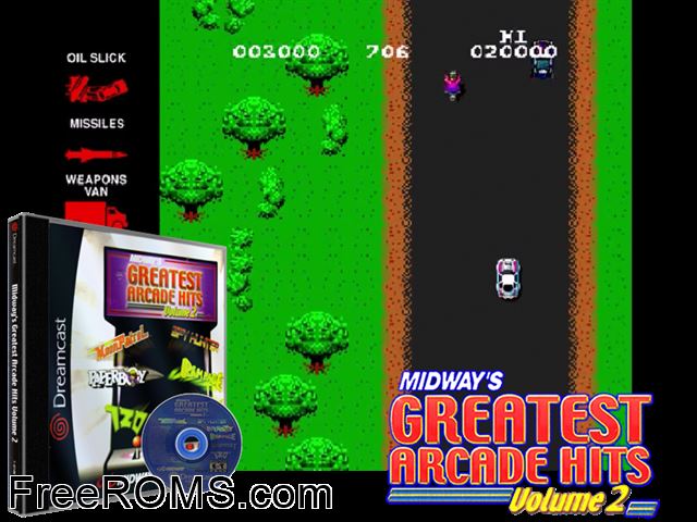 Midways Greatest Arcade Hits Volume 2 v1.001 Sega Dreamcast game showing 3D box cover and gameplay screenshot