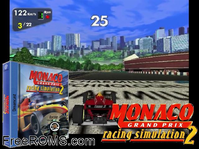Monaco Grand Prix Racing Simulation 2 v1.216 (M5) Sega Dreamcast game showing 3D box cover and gameplay screenshot