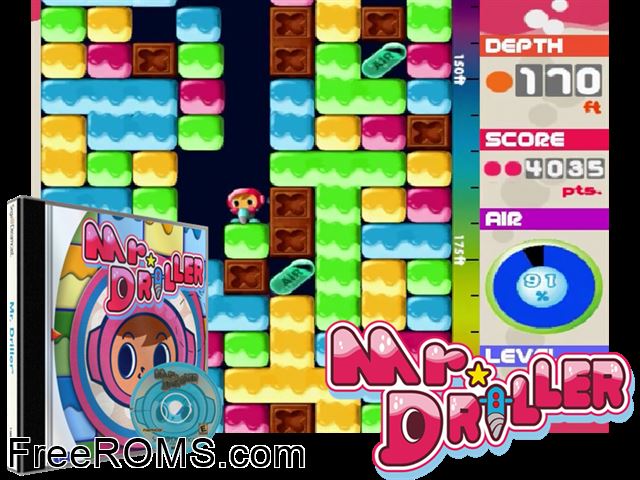 Mr Driller v1.001 Sega Dreamcast game showing 3D box cover and gameplay screenshot