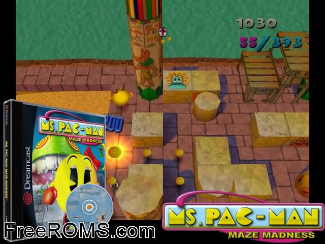 Ms. Pac-Man - Maze Madness v1.000 Sega Dreamcast game showing 3D box cover and gameplay screenshot
