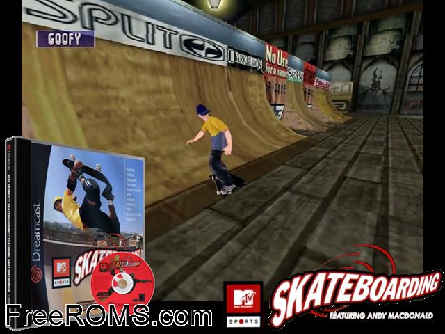 MTV Sports - Skateboarding Featuring Andy Macdonald v1.002 Sega Dreamcast game showing 3D box cover and gameplay screenshot