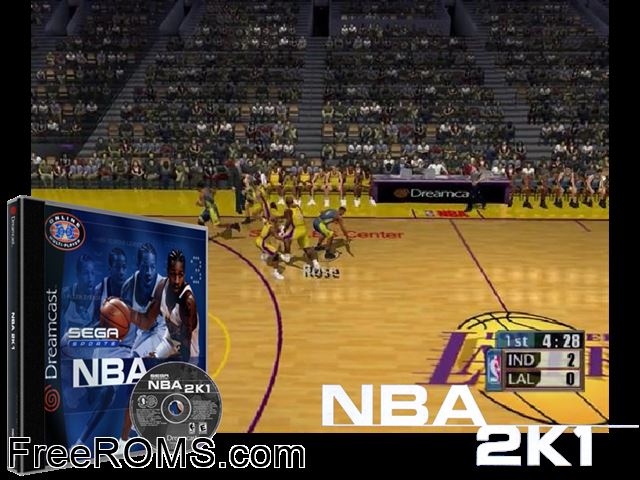 NBA 2K1 v1.008 Sega Dreamcast game showing 3D box cover and gameplay screenshot